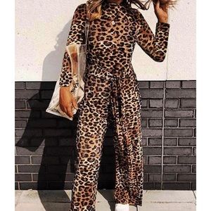 Long sleeve leopard print belted jumpsuit